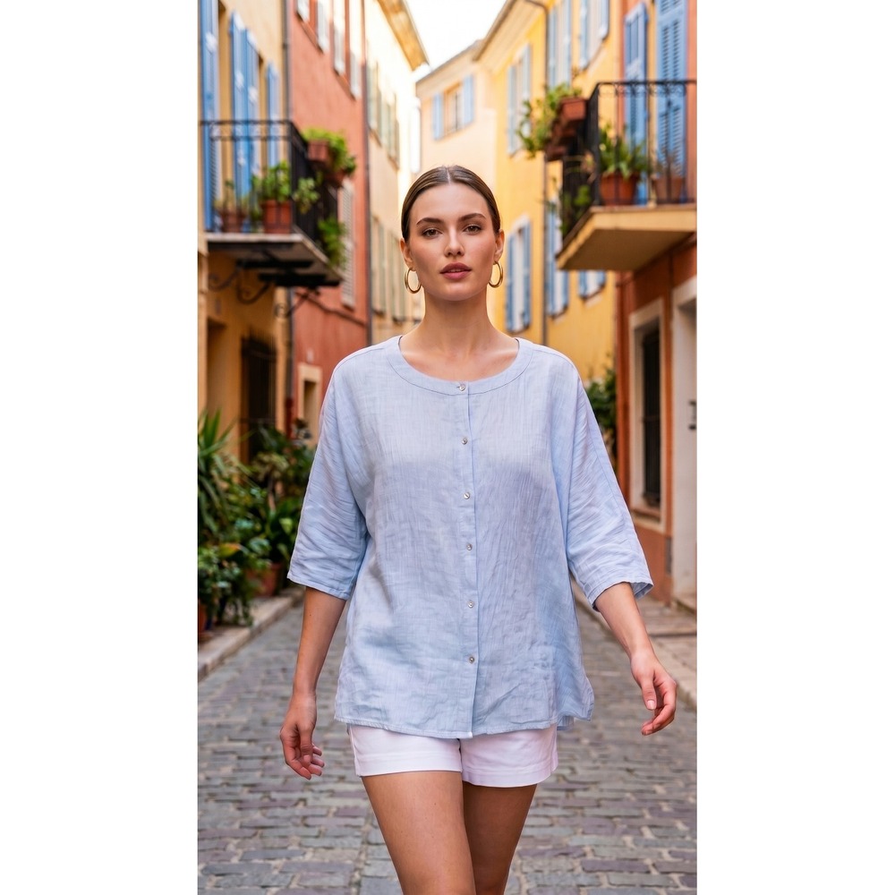 Tahari Pale Blue Linen Shirt Beachy Boho Gauzey Boxy Cottagecore M